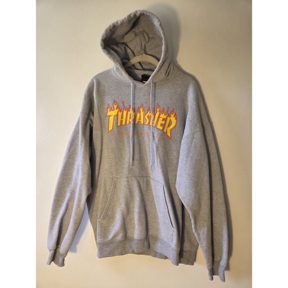 Thrasher Magazine Gray Hoodie With Yellow & Orange Flame Letters Mens L Skater - Picture 1 of 8